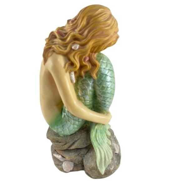 Mermaid Figurine Sitting on Rock Shells Iridescent Green Tail Statue 12 inch - Picture 7 of 10